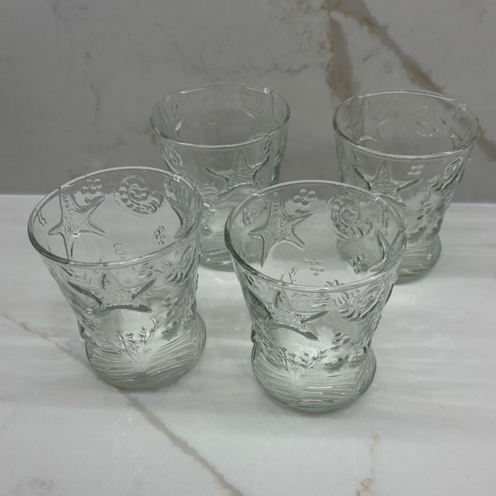 Set of 4 Marine Flora Fauna Ocean Embossed Villa Italian Clear Glass Tumblers